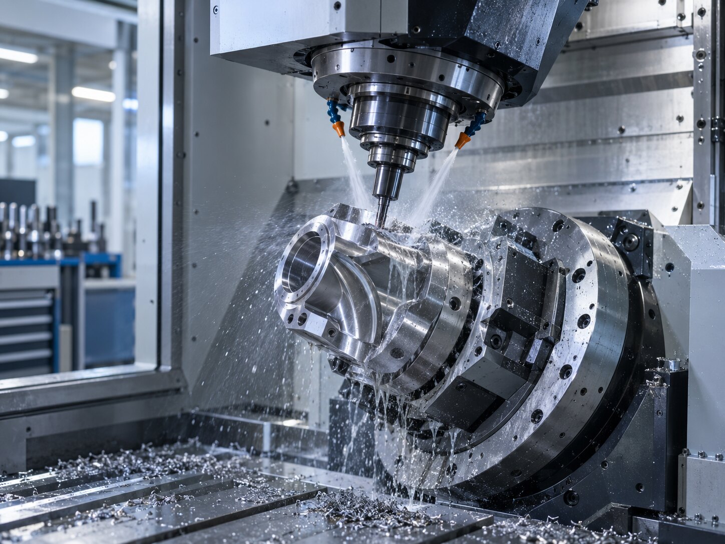 Beş eksenli CNC tezgâhında hassas metal parça işleniyor.